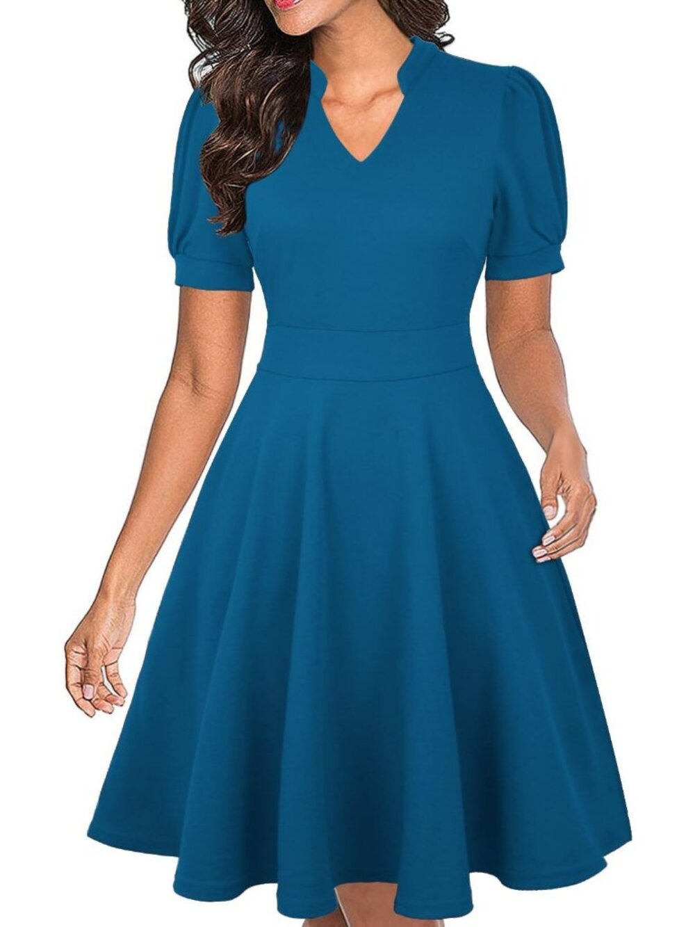 Women's Summer Puff Sleeve Fit & Flare Midi Dress with Pockets Work Church-Blue1